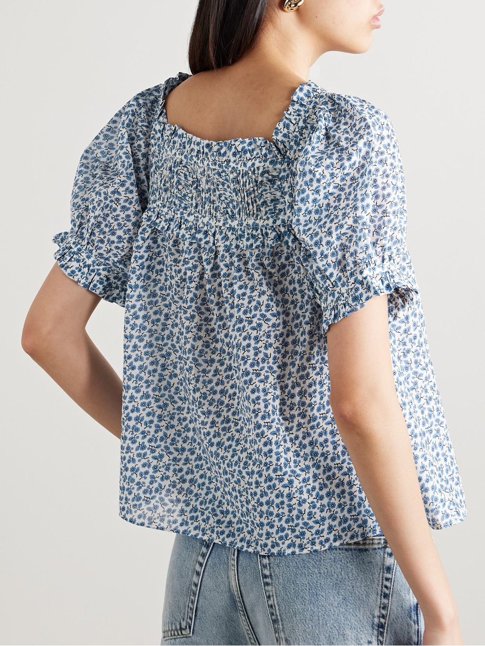 Doen Blue and White Floral Puff Sleeve Blouse - Picture 6 of 7